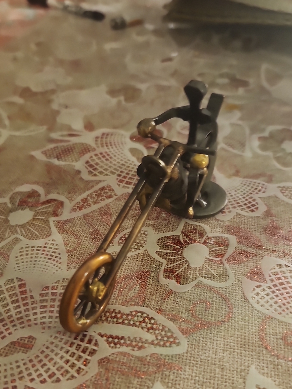 Bronze and Black Metal Chopper Motorcycle Handmade Sculpture 5"
